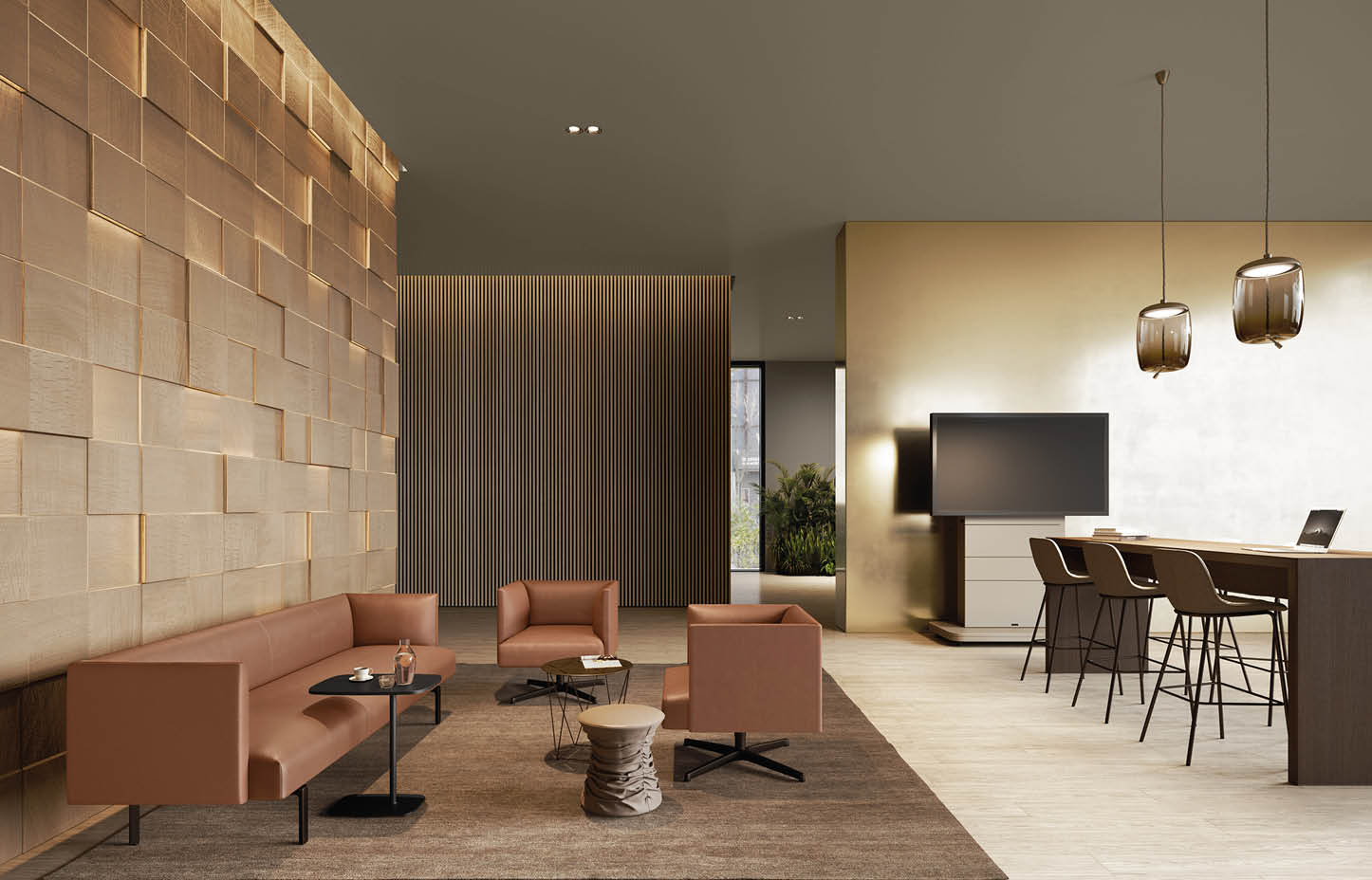 Elegante Lobby in erdigen Tönen. Sofa und Sessel Muud von Walter Knoll.  Erdige Töne wecken warme Wohlfühl-Gefühle und sorgen für angenehmen Wartezeiten.