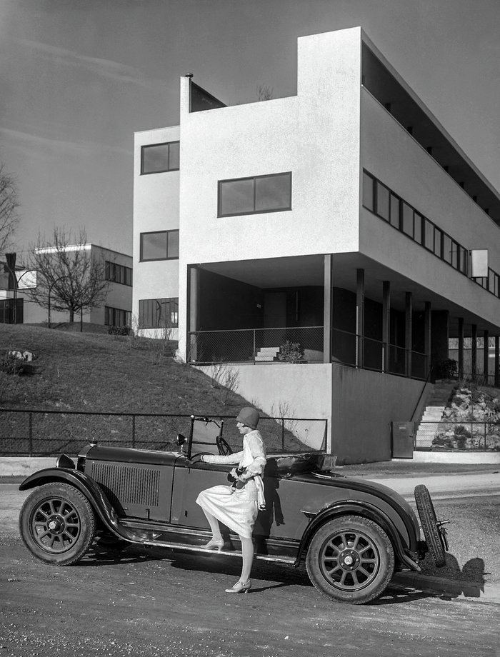 A 1920s Photo Of A Futuristic Car Sitting Beside An Old House R Dalle2   Weissenhofsiedlung Car 